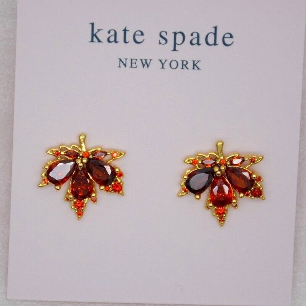 NEW Kate Spade yellow gold rust red maple leaf earrings  yellow goldtone